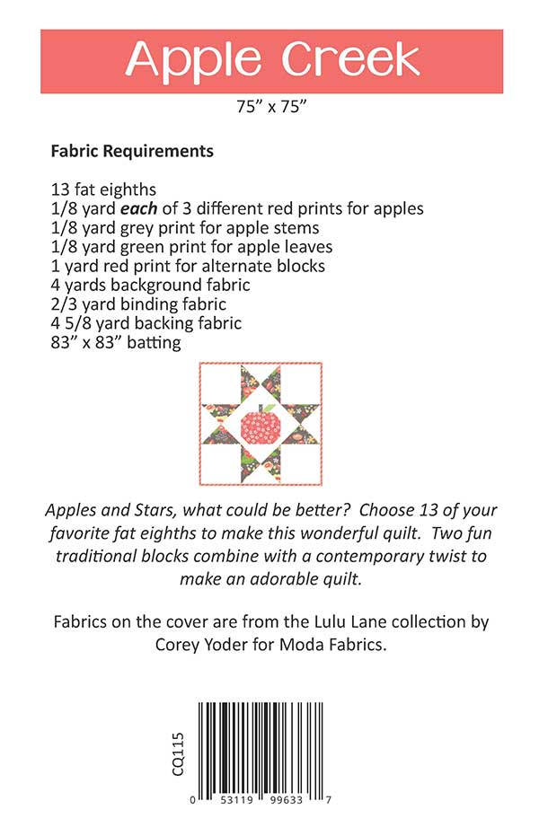 LAST CALL Apple Creek Quilt Pattern, Coriander Quilts CQ115, F8 Fat Eighths Friendly Apple Pumpkin Square Throw Quilt Pattern, Corey Yoder