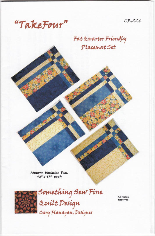 Take Four Place Mat Pattern, Cary Flanagan CF224, Fat Quarter Friendly, Stack and Shuffle Pattern, Quilted Placemats Place Mats Pattern