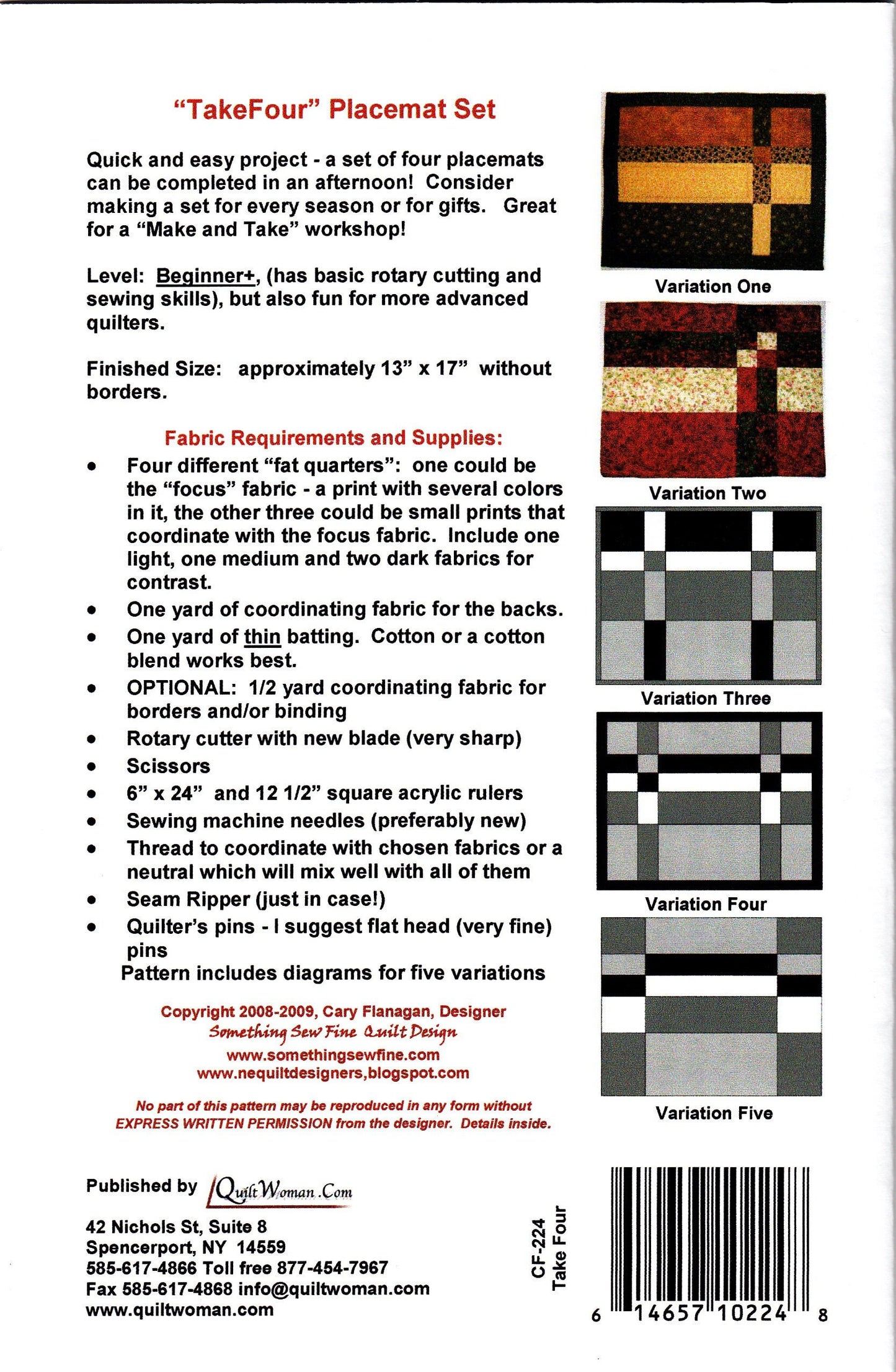 Take Four Place Mat Pattern, Cary Flanagan CF224, Fat Quarter Friendly, Stack and Shuffle Pattern, Quilted Placemats Place Mats Pattern