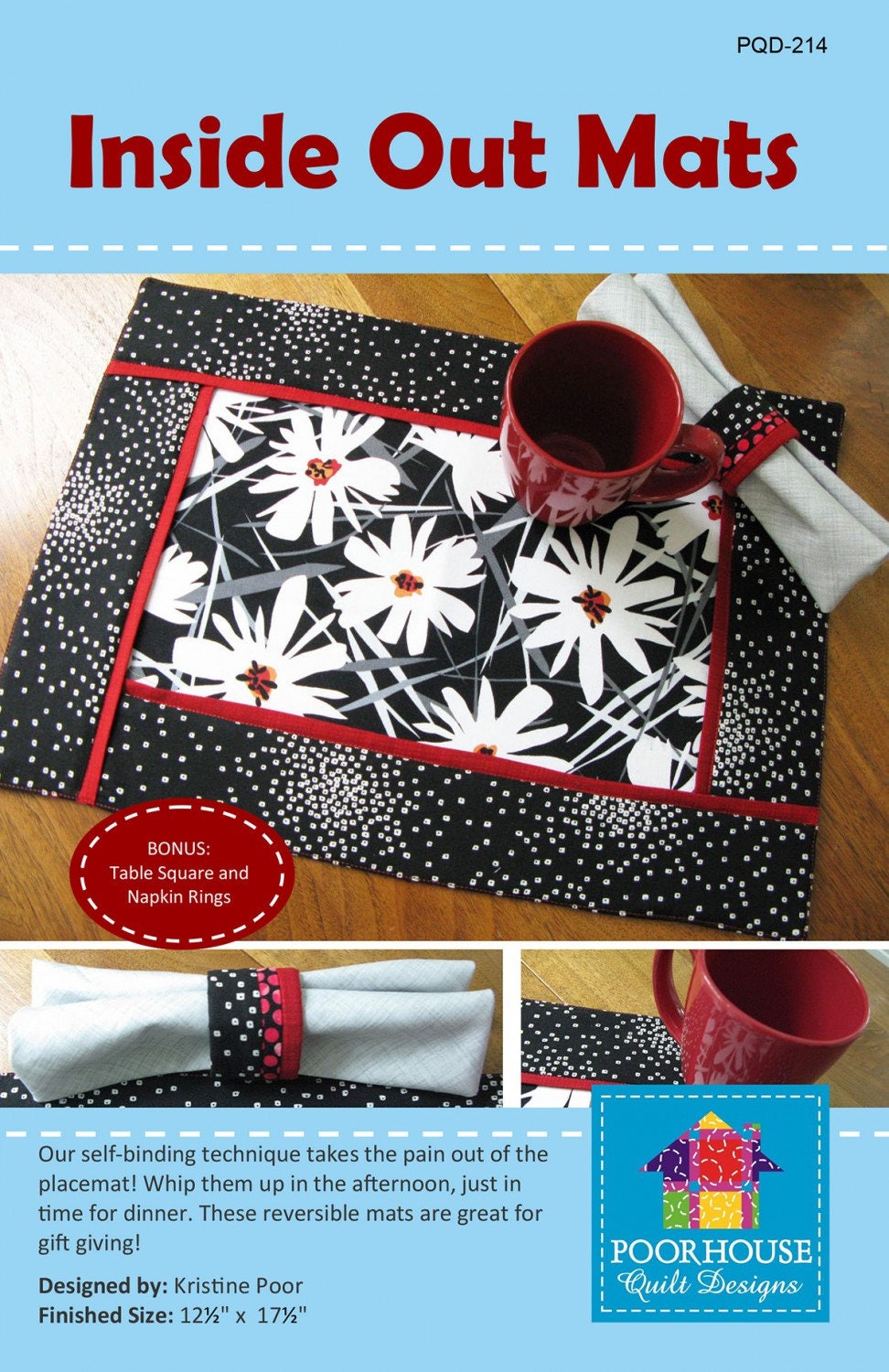 Inside Out Mats Pattern, Poor House Quilt Designs PQD-214, Quilted Place Mats Placemats Pattern, Easy Table Quilt Pattern