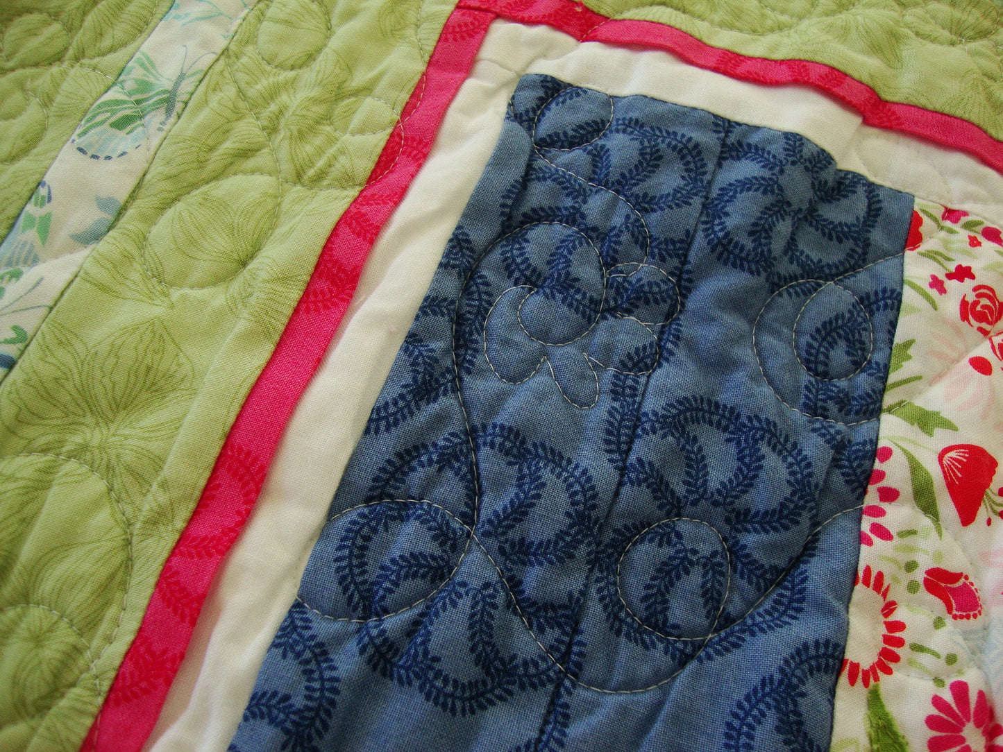 3D Floral Pink Green Striped Throw Quilt, 59.25" x 71.5", Feminine Jelly Roll Race Lap Quilt, Moda Aria