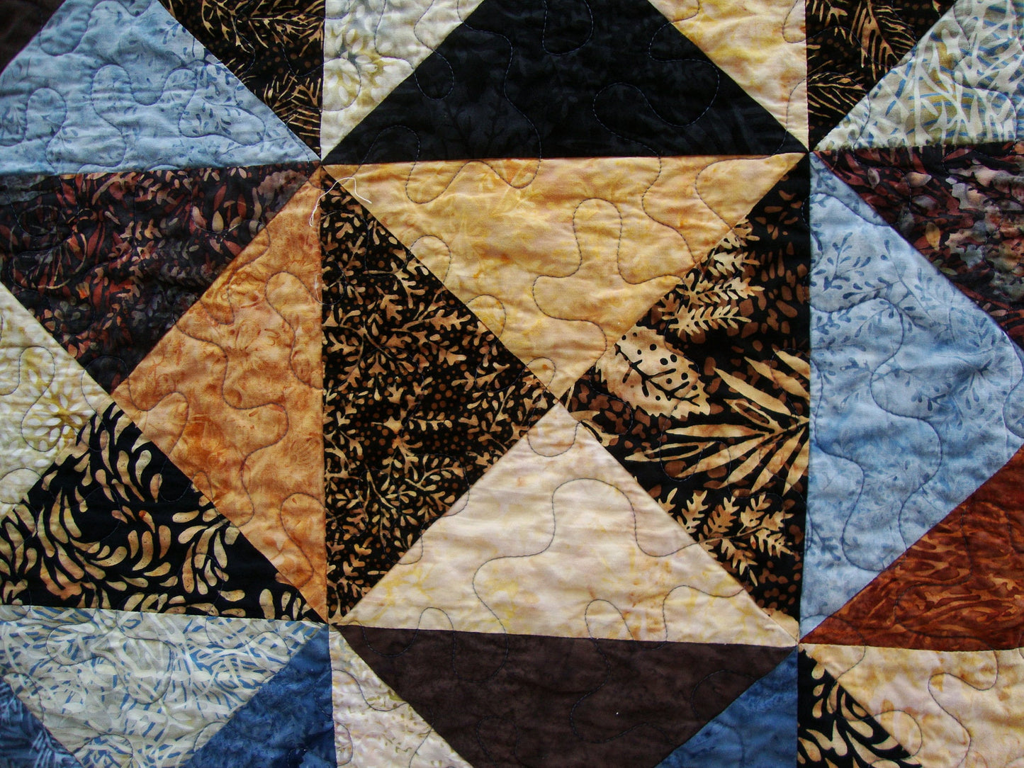 Blue Brown Batik Throw Quilt Blanket, 60.5" x 69.5"