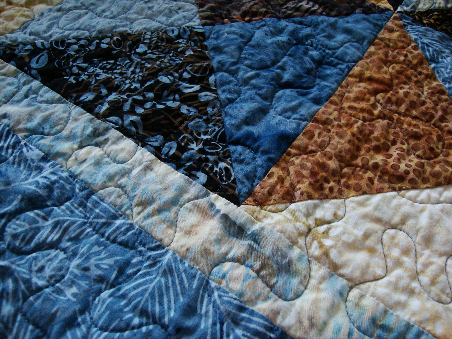 Blue Brown Batik Throw Quilt Blanket, 60.5" x 69.5"