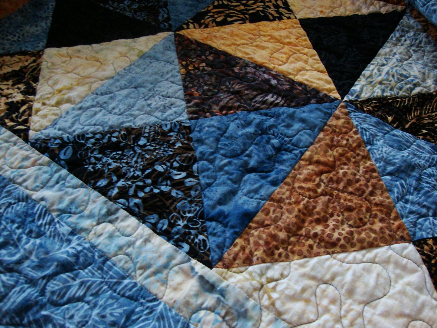 Blue Brown Batik Throw Quilt Blanket, 60.5" x 69.5"