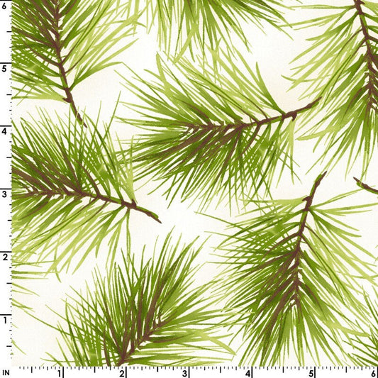 Poinsettia and Pine - Fresh Pine Cream Christmas Pine Branches Fabric, Maywood Studio MAS9124-E, Christmas Xmas Holiday Fabric, By the Yard