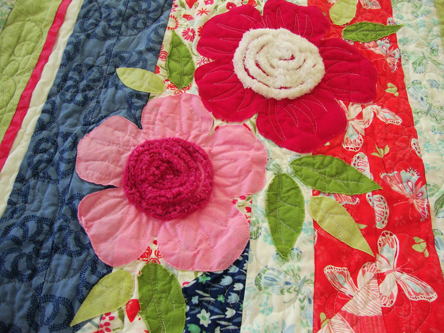 3D Floral Pink Green Striped Throw Quilt, 59.25" x 71.5", Feminine Jelly Roll Race Lap Quilt, Moda Aria
