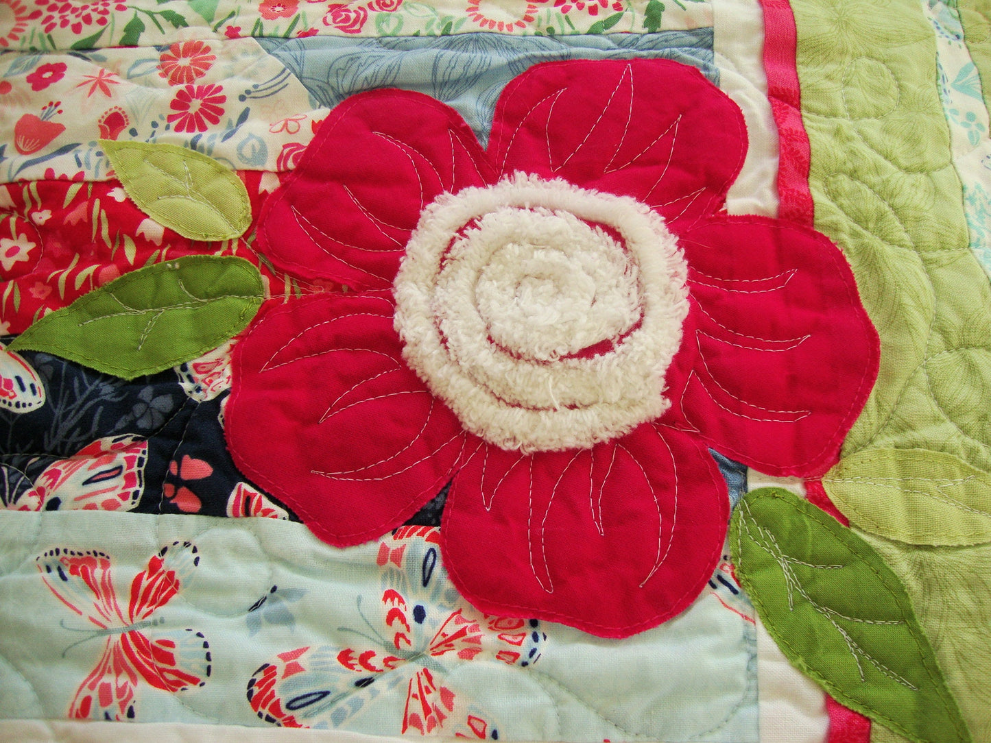 3D Floral Pink Green Striped Throw Quilt, 59.25" x 71.5", Feminine Jelly Roll Race Lap Quilt, Moda Aria