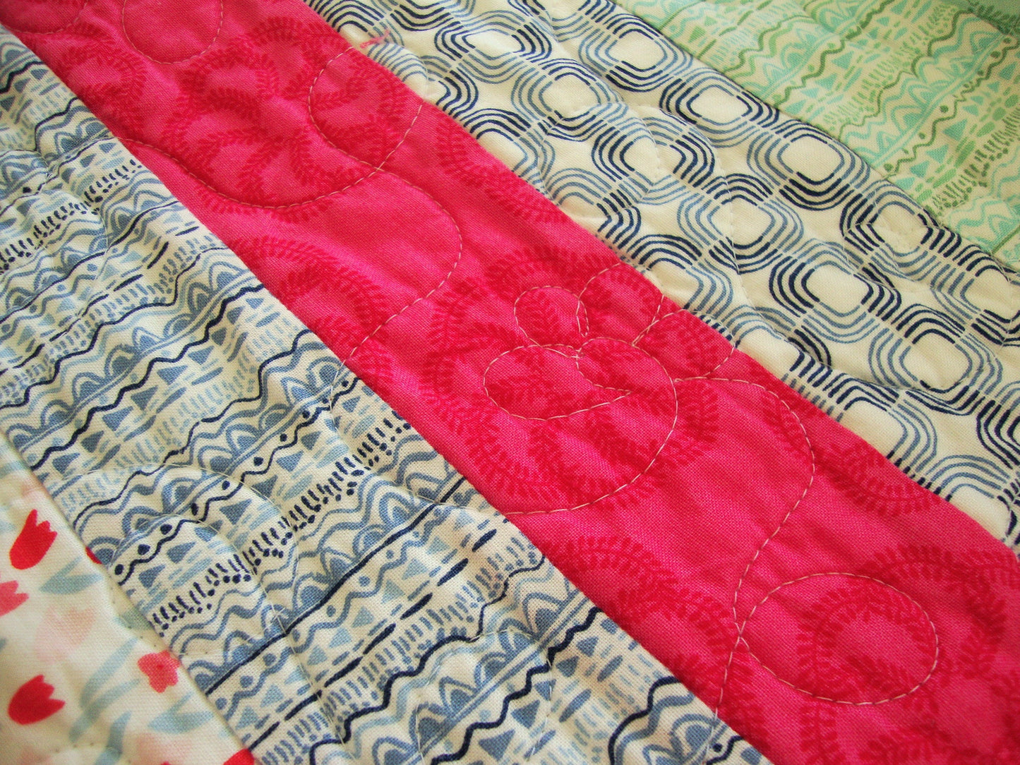 3D Floral Pink Green Striped Throw Quilt, 59.25" x 71.5", Feminine Jelly Roll Race Lap Quilt, Moda Aria
