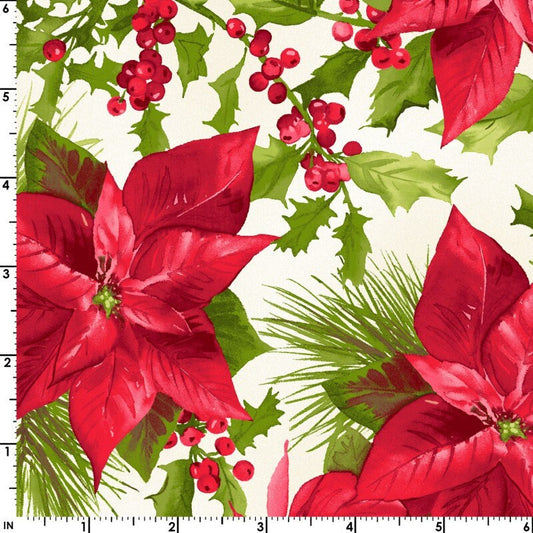 Poinsettia and Pine - Mixed Floral Cream Christmas Fabric, Maywood Studio MAS9120-E, Christmas Xmas Holiday Fabric, By the Yard