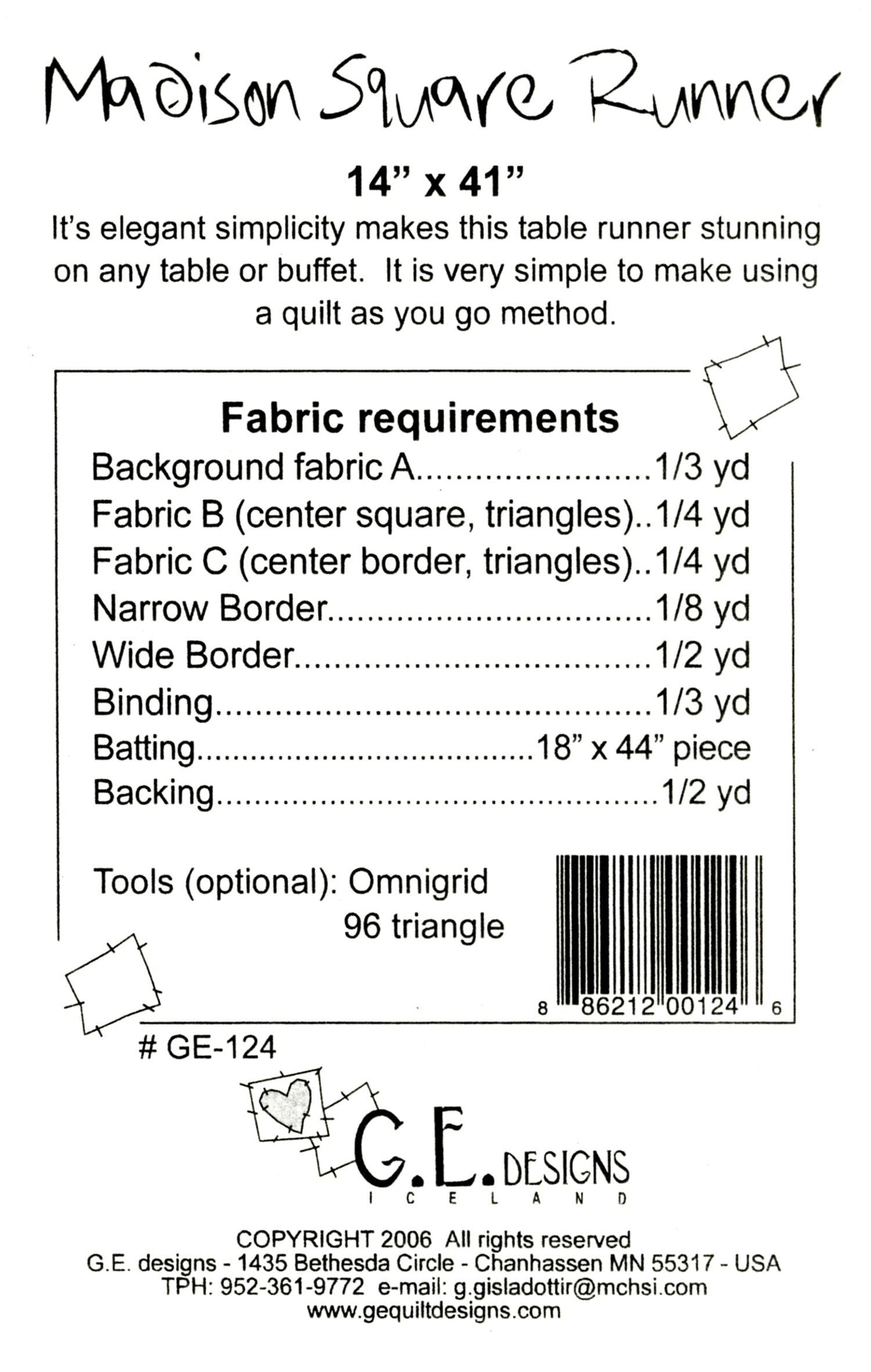 Madison Square Table Runner Quilt Pattern, GE Designs GE124, Yardage Friendly Quilt As You Go Table Runner Pattern QAYG