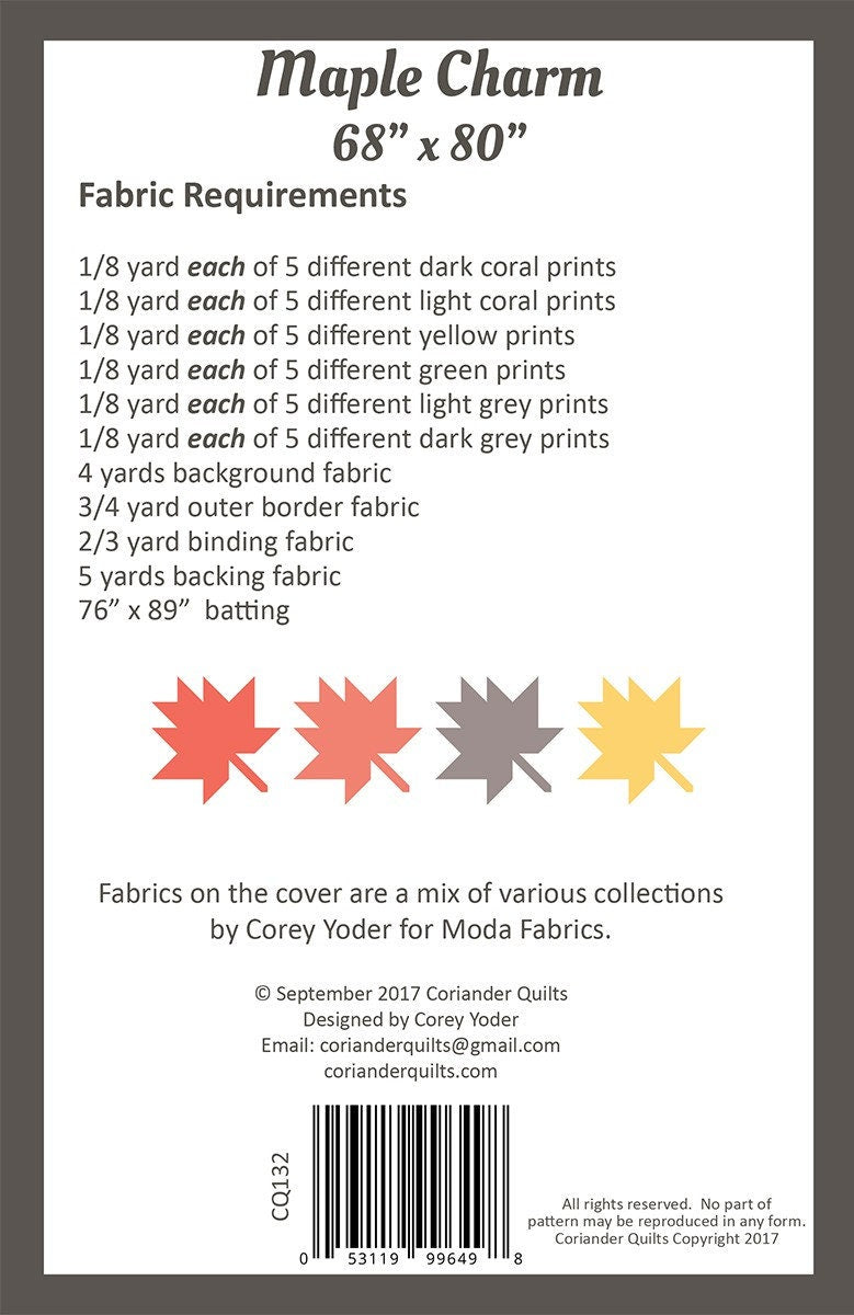 Maple Charm Quilt Pattern, Coriander Quilts CQ132, Autumn Maple Leaves Quilt Pattern, Fall Leaves Throw Quilt Pattern, Corey Yoder