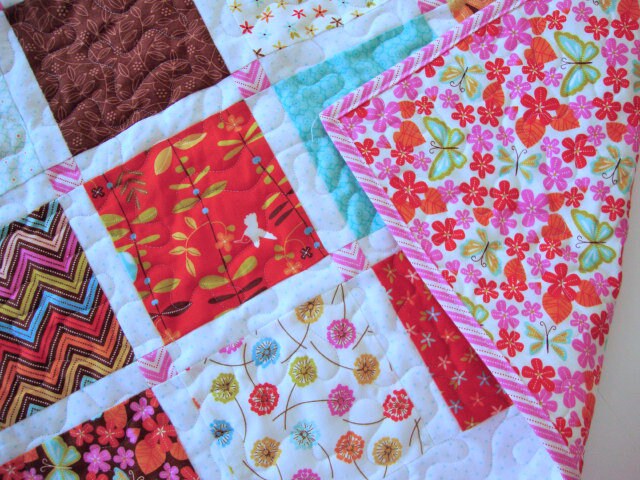 Floral Patchwork Baby or Lap Quilt, 36.25" x 42", Moda Wrens Friends, Tummy Time Stroller Crib Quilt, Quilted Play Mat, Wheelchair Quilt