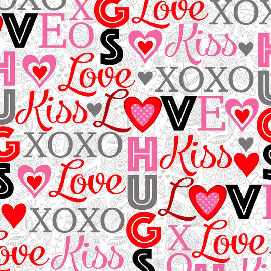 Hearts of Love - Valentine's Day Love Words Text Fabric, Studio E 4372S-28, Sharla Fults, By the Yard