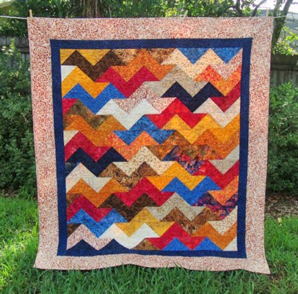 Modern Chevron Batik Throw Quilt, 61" x 70", Blue Gold Red Throw Quilt Blanket, Timeless Treasures Tonga Berry Crisp, Gender Neutral Quilt