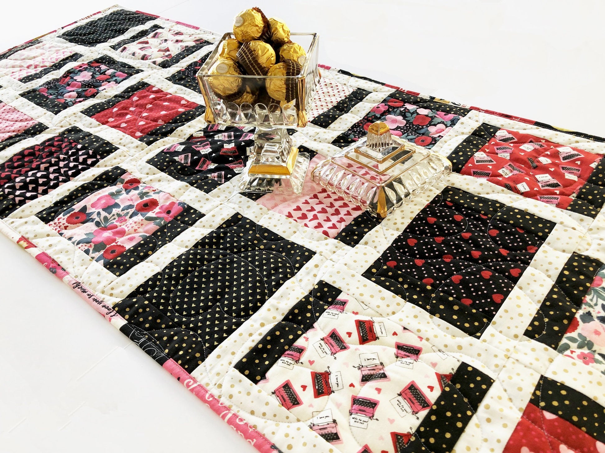 Valentine's Day Quilted Table Runner, 20" x 52.25", Valentine's Day Decor Table Quilt, Valentines Patchwork Table Runner, Hello Sweetheart