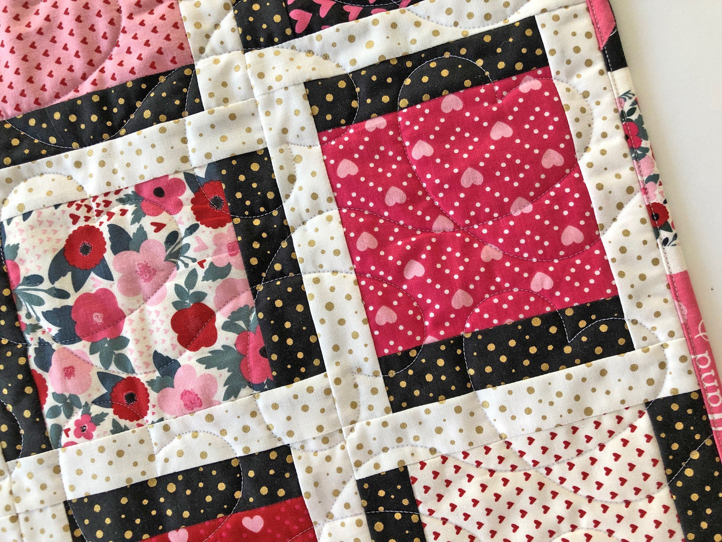 Valentine's Day Quilted Table Runner, 20" x 52.25", Valentine's Day Decor Table Quilt, Valentines Patchwork Table Runner, Hello Sweetheart