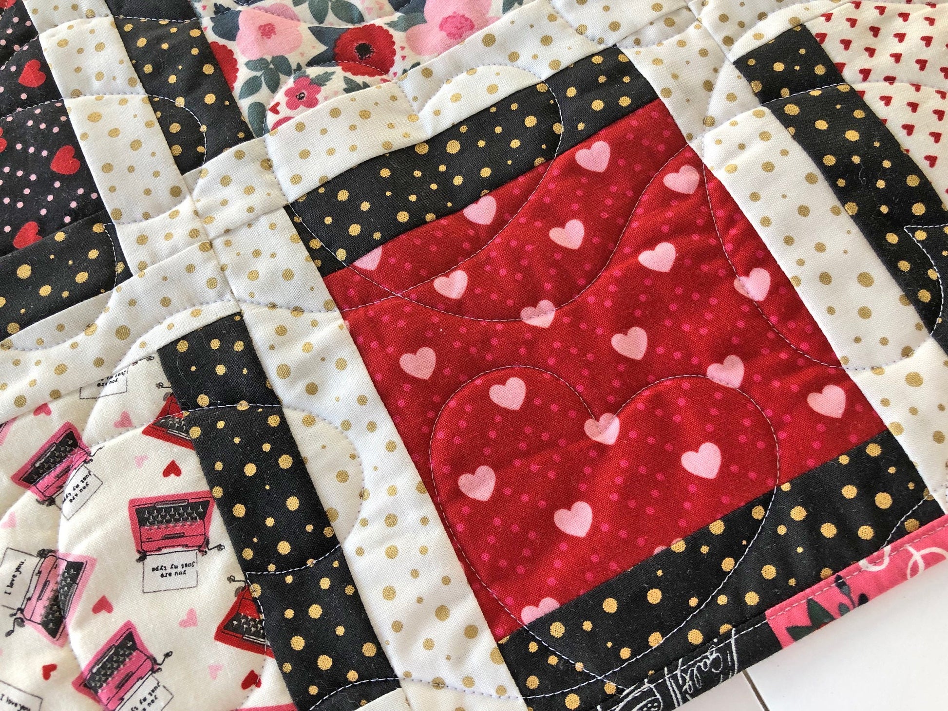 Valentine's Day Quilted Table Runner, 20" x 52.25", Valentine's Day Decor Table Quilt, Valentines Patchwork Table Runner, Hello Sweetheart