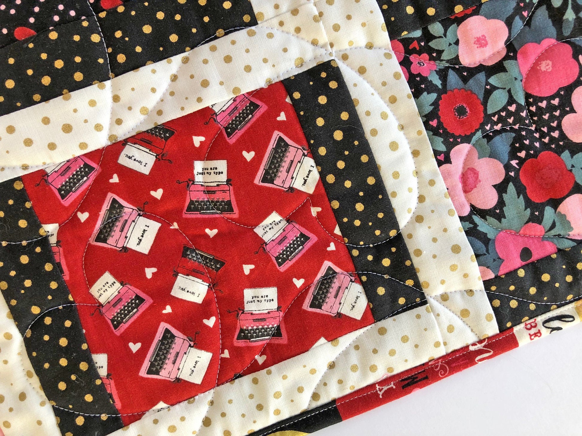 Valentine's Day Quilted Table Runner, 20" x 52.25", Valentine's Day Decor Table Quilt, Valentines Patchwork Table Runner, Hello Sweetheart