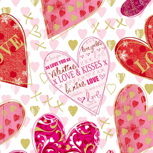 Cherish - Hearts of Love Red Pink Gold Hearts on White Valentine Fabric, Kanvas 8965MB-09, By the Yard