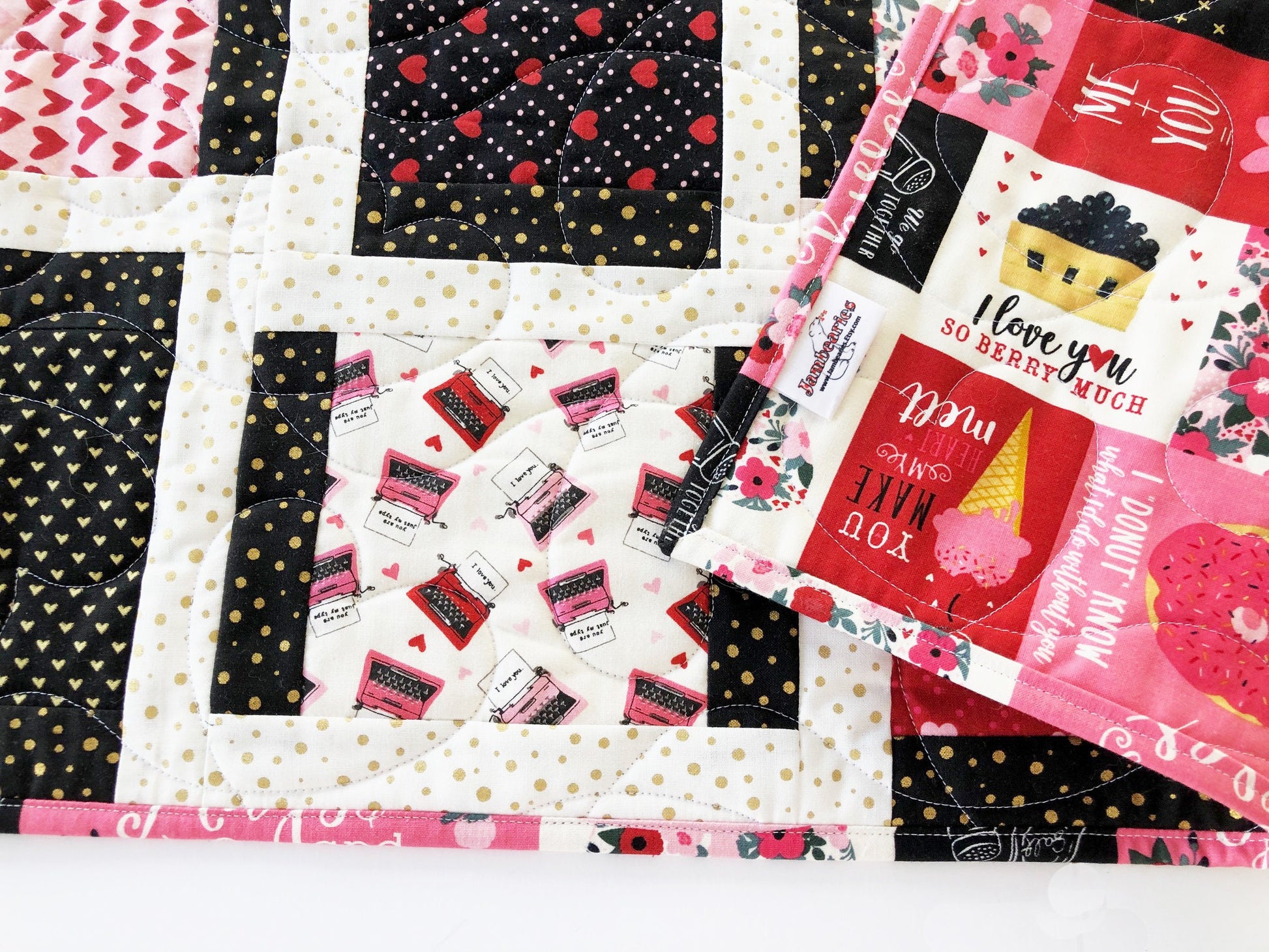 Valentine's Day Quilted Table Runner, 20" x 52.25", Valentine's Day Decor Table Quilt, Valentines Patchwork Table Runner, Hello Sweetheart