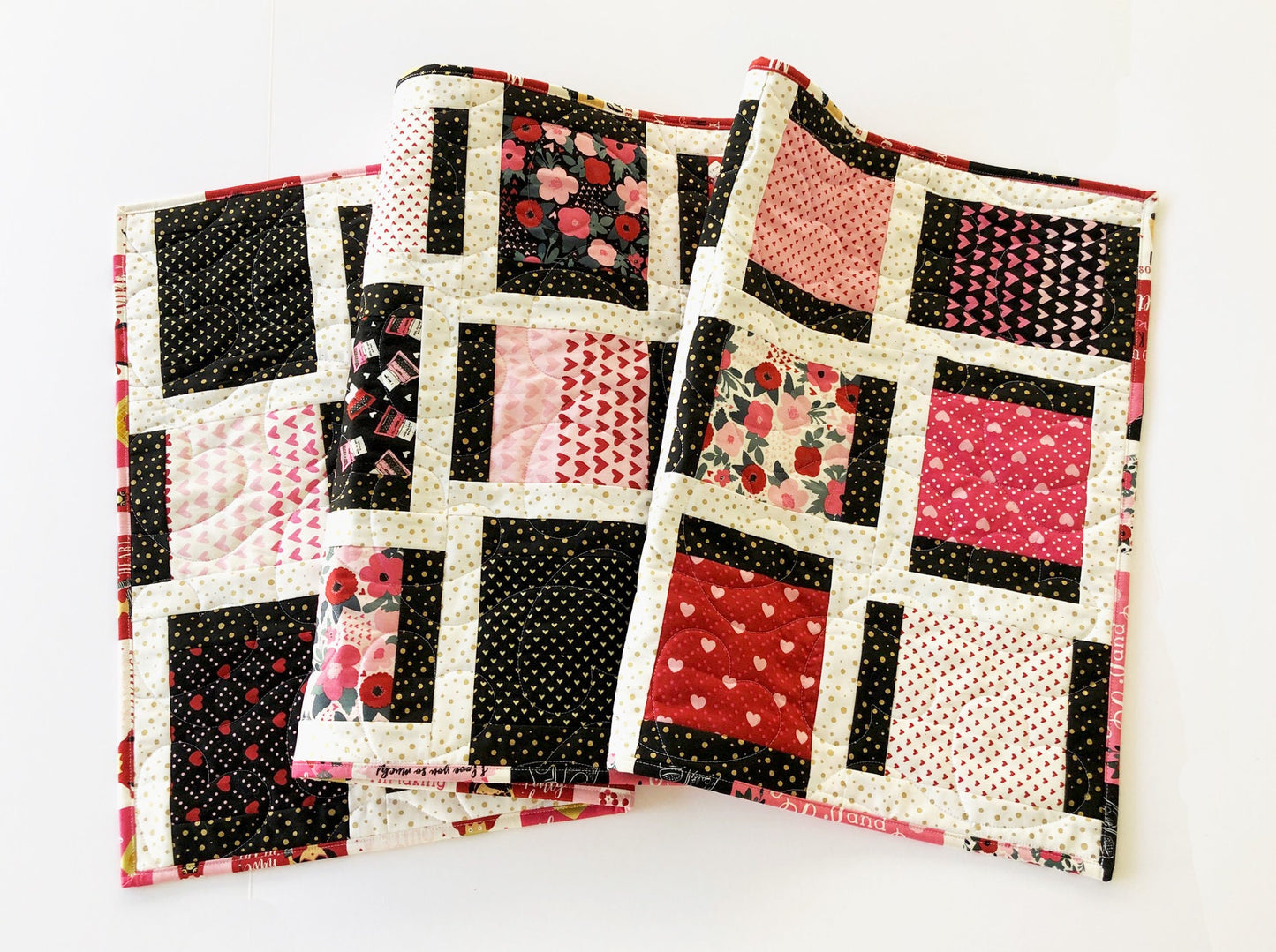 Valentine's Day Quilted Table Runner, 20" x 52.25", Valentine's Day Decor Table Quilt, Valentines Patchwork Table Runner, Hello Sweetheart