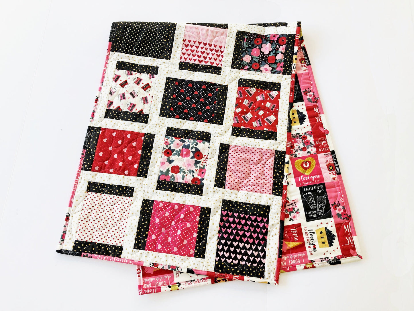 Valentine's Day Quilted Table Runner, 20" x 52.25", Valentine's Day Decor Table Quilt, Valentines Patchwork Table Runner, Hello Sweetheart