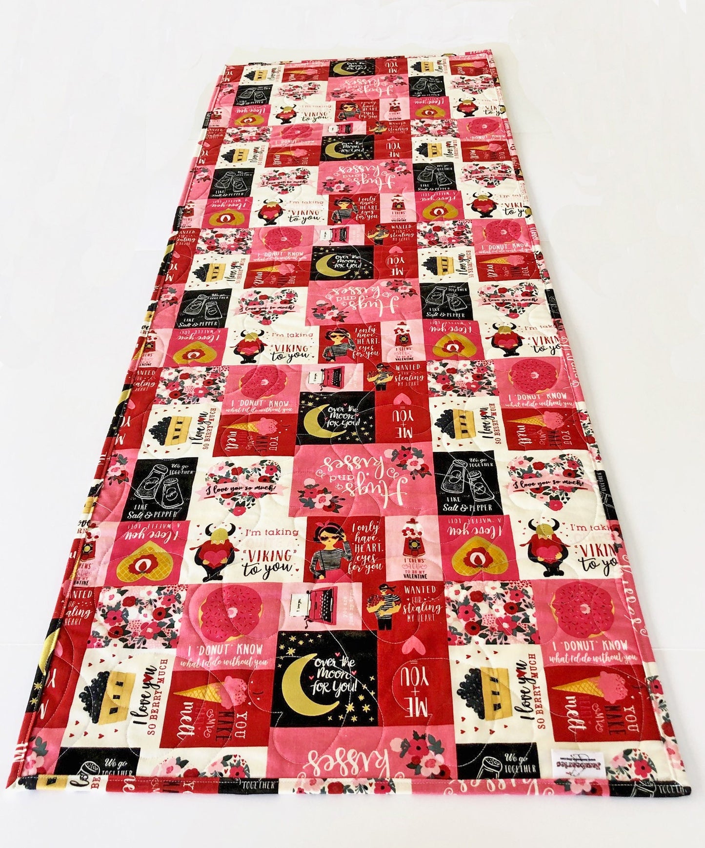Valentine's Day Quilted Table Runner, 20" x 52.25", Valentine's Day Decor Table Quilt, Valentines Patchwork Table Runner, Hello Sweetheart