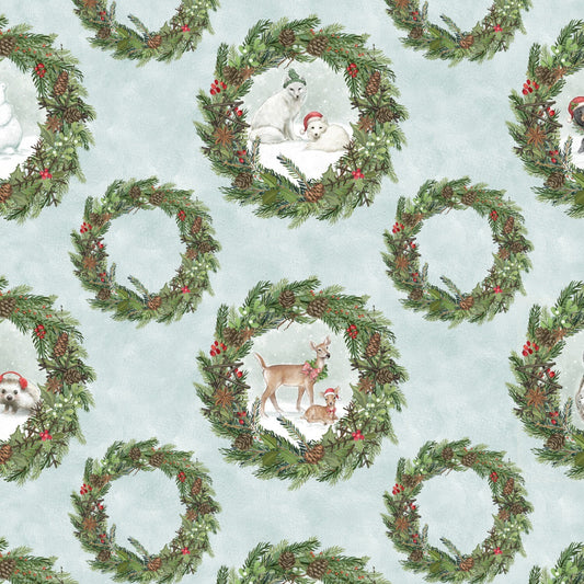 LAST CALL Woodland Friends - Animals in Christmas Wreaths Fabric, Wilmington Prints 96443 471, Christmas Xmas Fabric, By the Yard