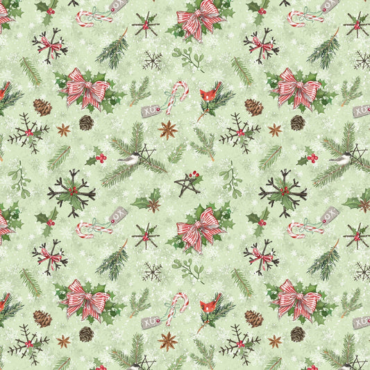 Woodland Friends - Christmas Greenery Tossed on Green Fabric, Wilmington Prints 96448 772, By the Yard