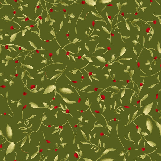 Bountiful - Little Vines Fabric Olive Green, Maywood Studio MAS9304-G2, Small Berries Vines on Green Fabric, By the Yard