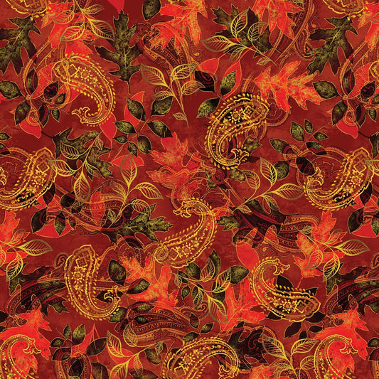 Harvest Gold - Russet Red Autumn Leaf Paisley Fabric, Kanvas 7775MB-88, Elegant Metallic Gold Accent Fall Fabric, By the Yard