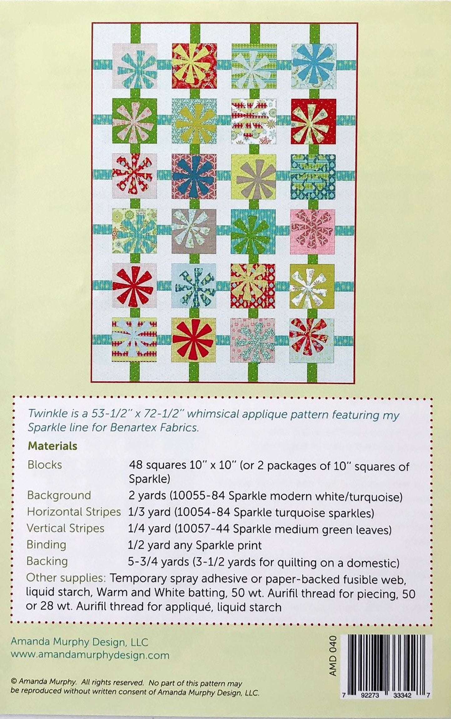 LAST CALL Twinkle Quilt Pattern, Amanda Murphy Designs AMD040, Applique Christmas Xmas Throw Quilt Pattern, Layer Cake Friendly