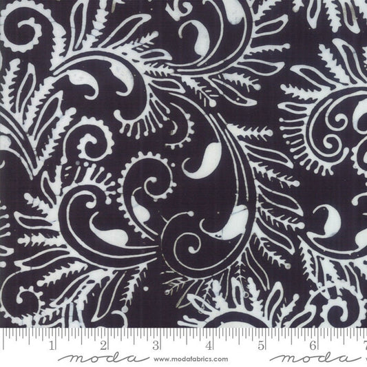 LAST CALL Bahama Batiks - Onyx Black White Swirling Leaves Batik Fabric, Moda 4352 44, Black White Swirly Leaf Batik Fabric