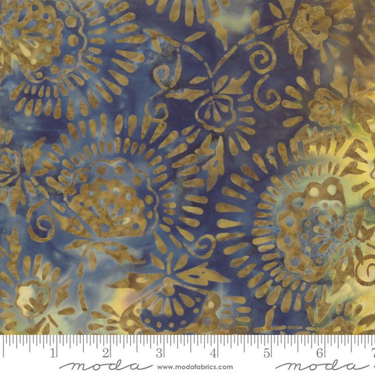 LAST CALL Santorini Batiks - Spice Bluish Gray Gold Tan Batik Fabric, Moda 4355 48 Dark Blue, Multicolored Floral Batiks, By the Yard