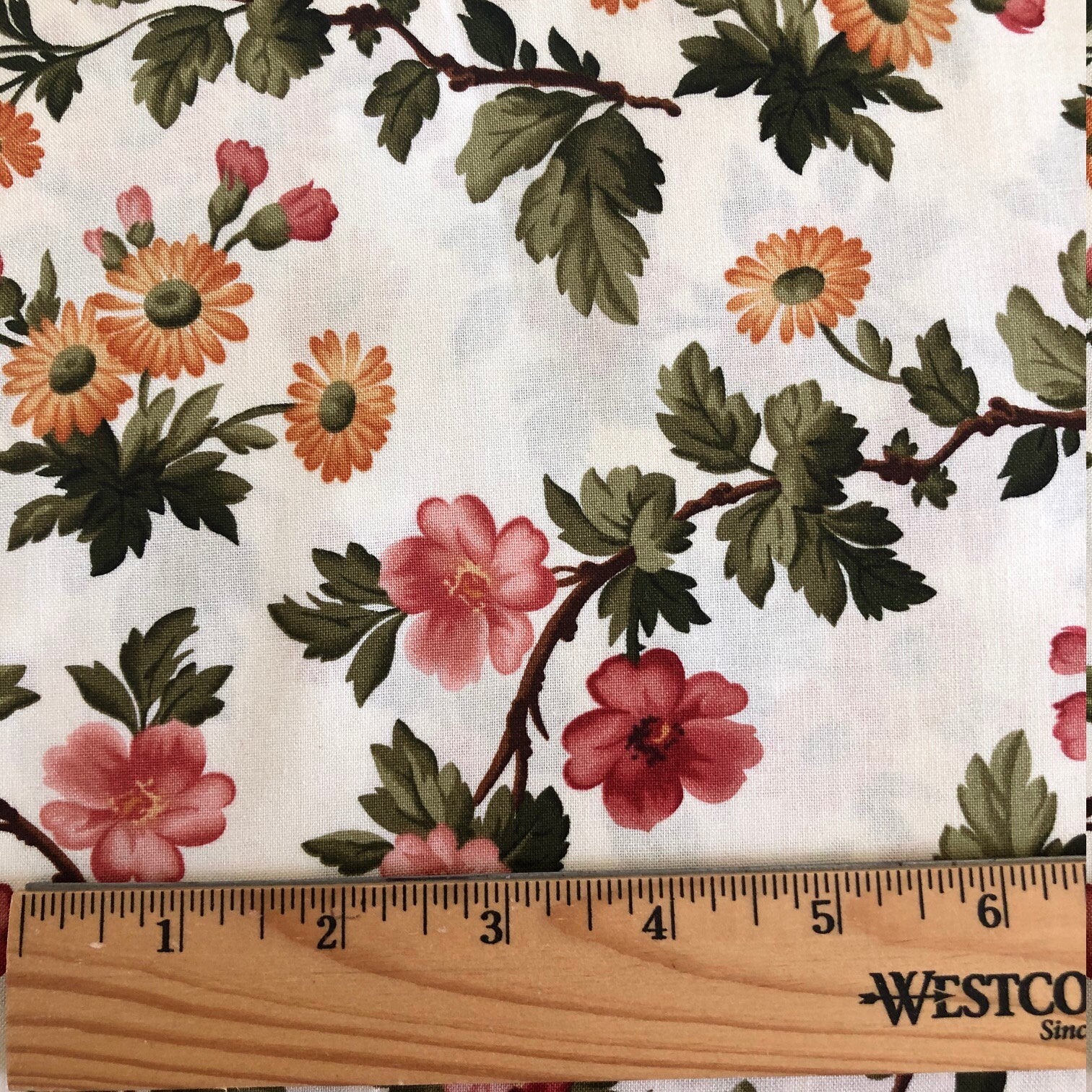 A Fruitful Life - Pink Yellow Red Flowers on Cream Fabric, Maywood Studio MAS9326-E Ecru, Floral Cotton Quilting Fabric, By the Yard