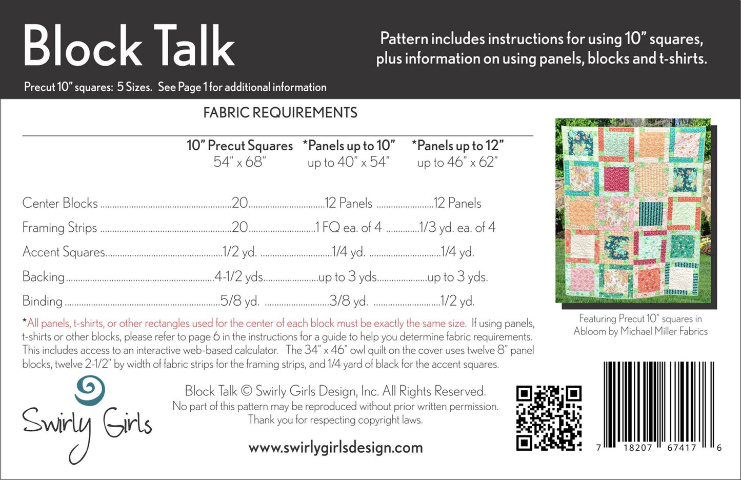 Block Talk Quilt Pattern, Swirly Girls Design SGD056, Panel and Layer Cake Friendly, Modern Easy T-Shirt or Large Print Quilt Pattern