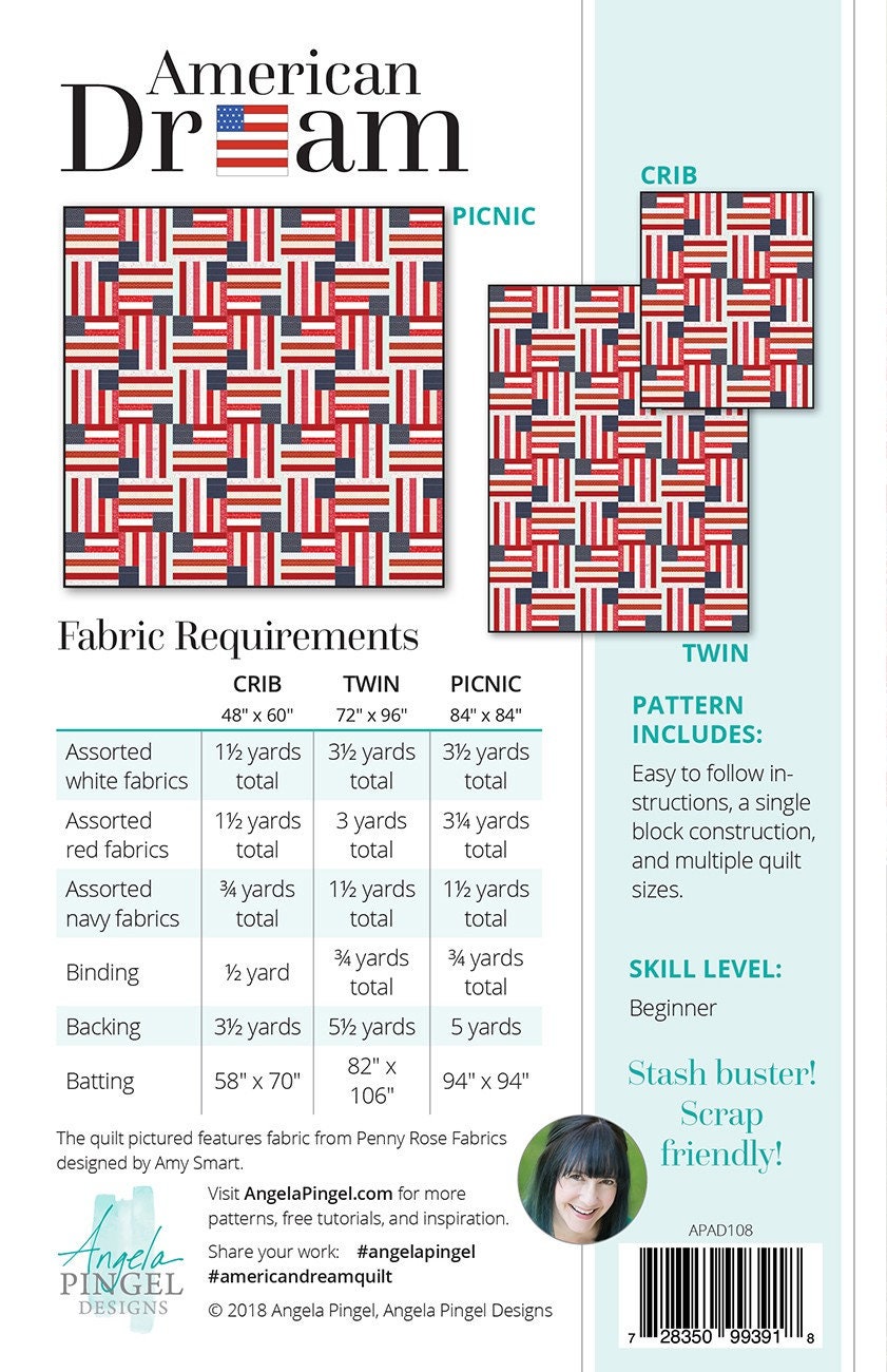 American Dream Quilt Pattern, Angela Pingel APAD108, Patriotic Flag Quilt Pattern, Yardage Friendly, Independence Day