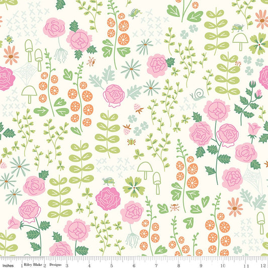 LAST CALL New Dawn - Rose Garden Cream Floral Fabric, Riley Blake C9851-Cream, Pink Blue Peach Flowers Fabric, Citrus Mint, By the Yard