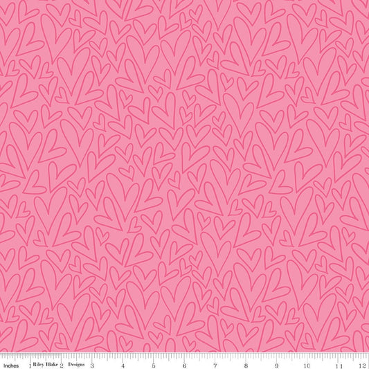 LAST CALL Sending Love - Pink Hearts Valentine's Day Fabric, Riley Blake C10082-PINK, Outlined Hearts Cotton Fabric, By the Yard