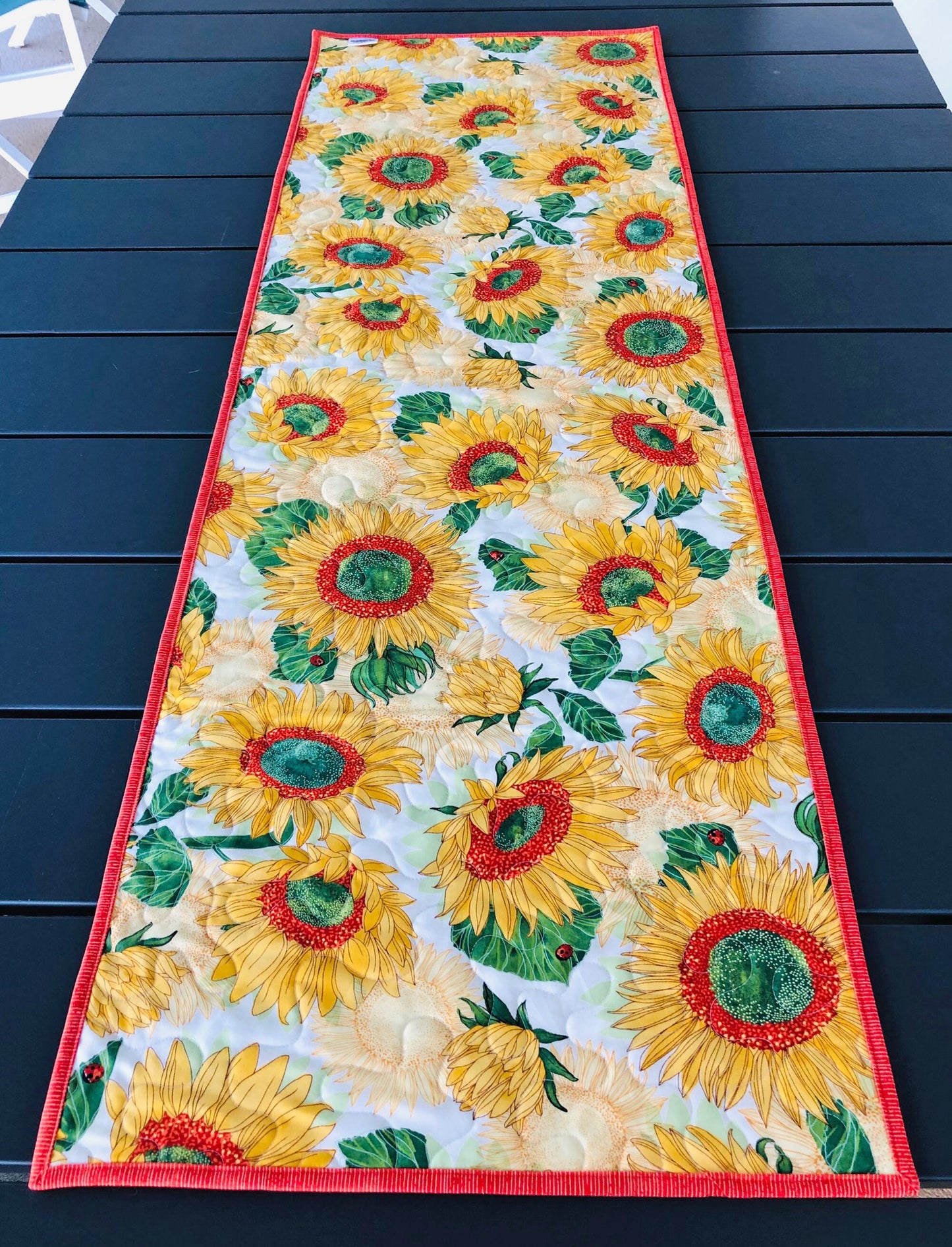 Yellow Sunflowers Quilted Table Runner, 18" x 54.75", Solana Quilted Table Topper Quilt, Yellow Orange Green Floral Table Runner