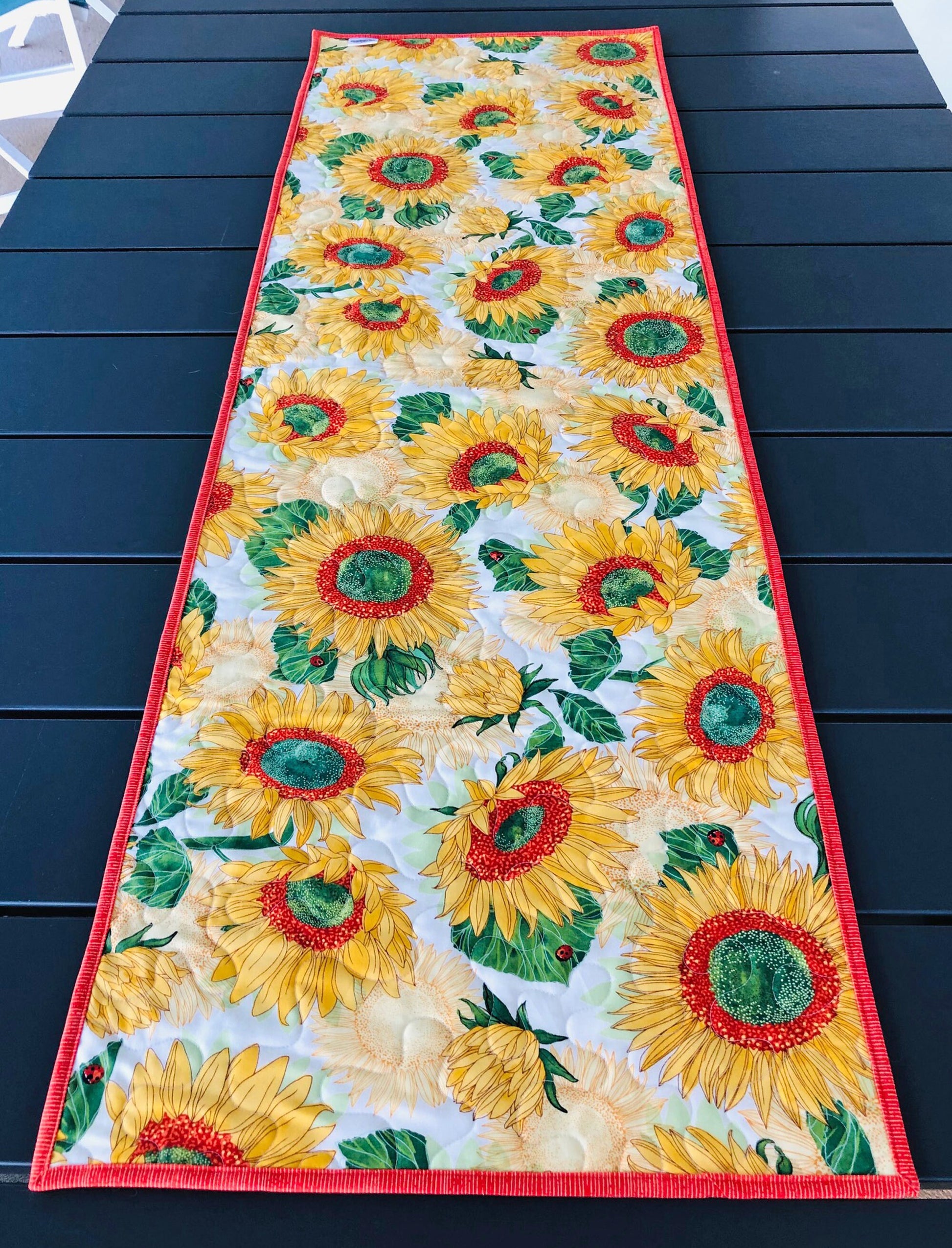 Yellow Sunflowers Quilted Table Runner, 18" x 54.75", Solana Quilted Table Topper Quilt, Yellow Orange Green Floral Table Runner