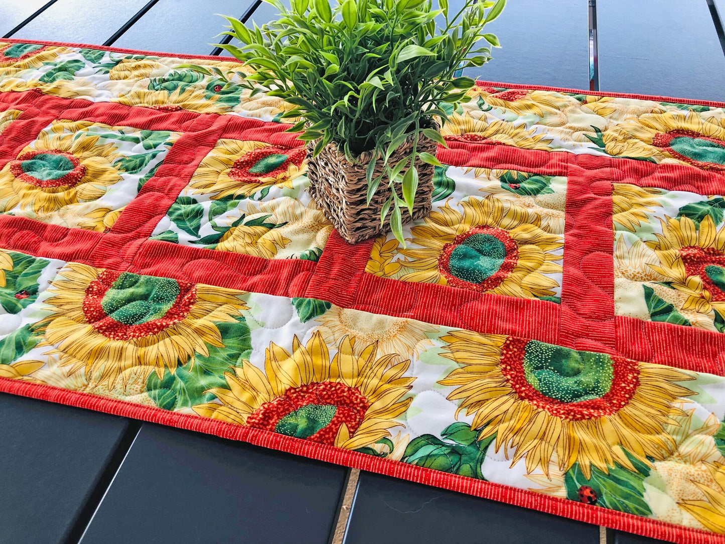 Yellow Sunflowers Quilted Table Runner, 18" x 54.75", Solana Quilted Table Topper Quilt, Yellow Orange Green Floral Table Runner