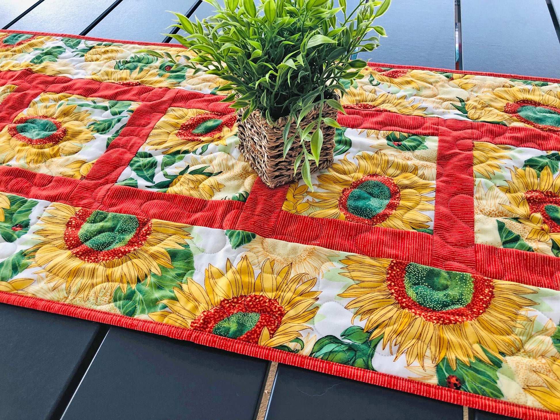 Yellow Sunflowers Quilted Table Runner, 18" x 54.75", Solana Quilted Table Topper Quilt, Yellow Orange Green Floral Table Runner