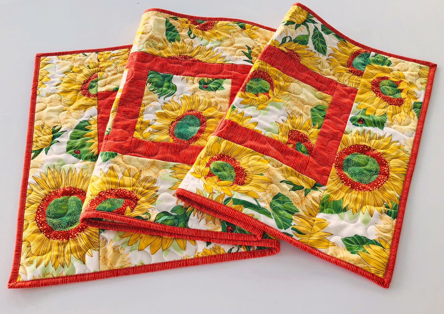 Yellow Sunflowers Quilted Table Runner, 18" x 54.75", Solana Quilted Table Topper Quilt, Yellow Orange Green Floral Table Runner