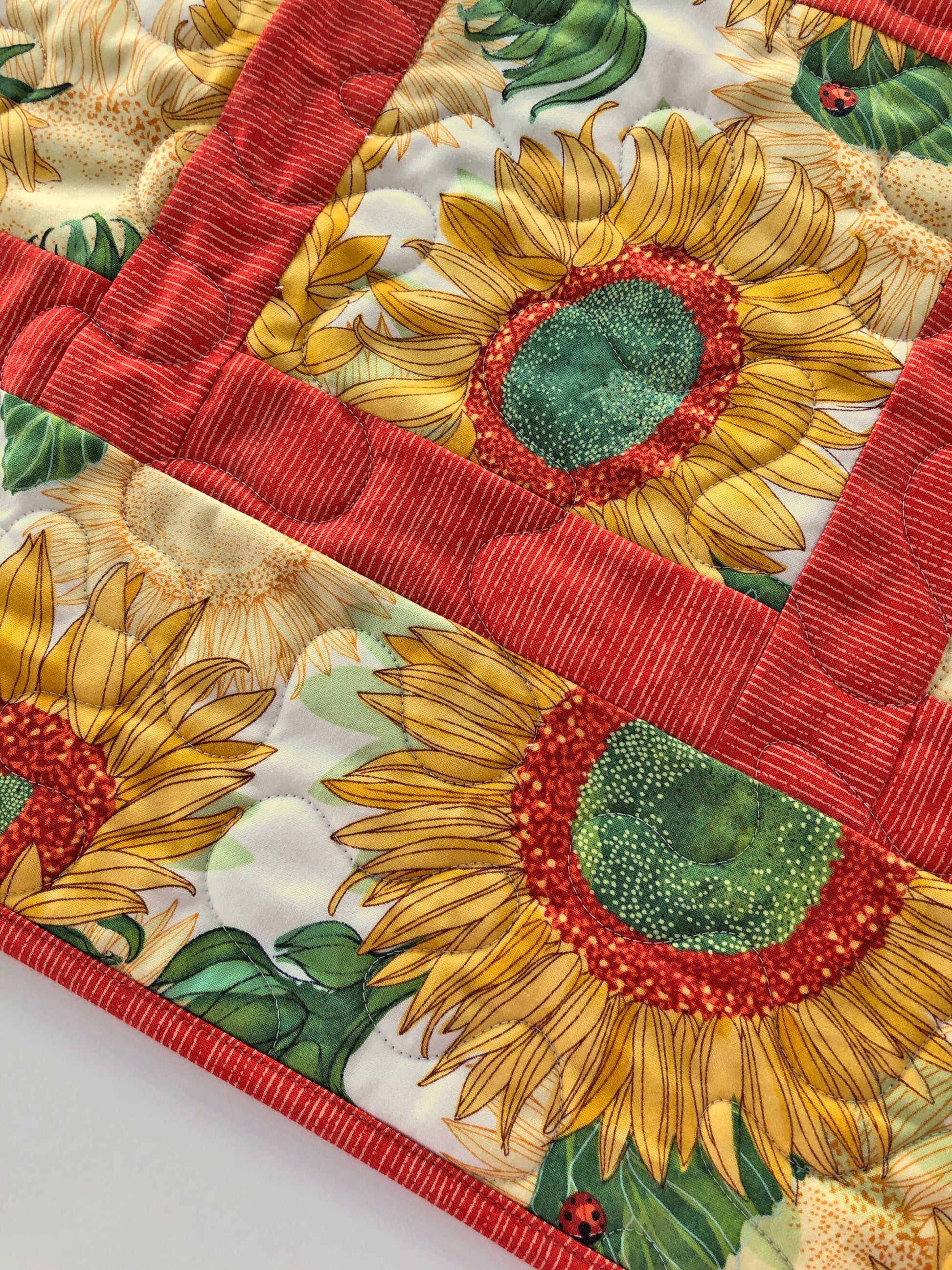 Yellow Sunflowers Quilted Table Runner, 18" x 54.75", Solana Quilted Table Topper Quilt, Yellow Orange Green Floral Table Runner