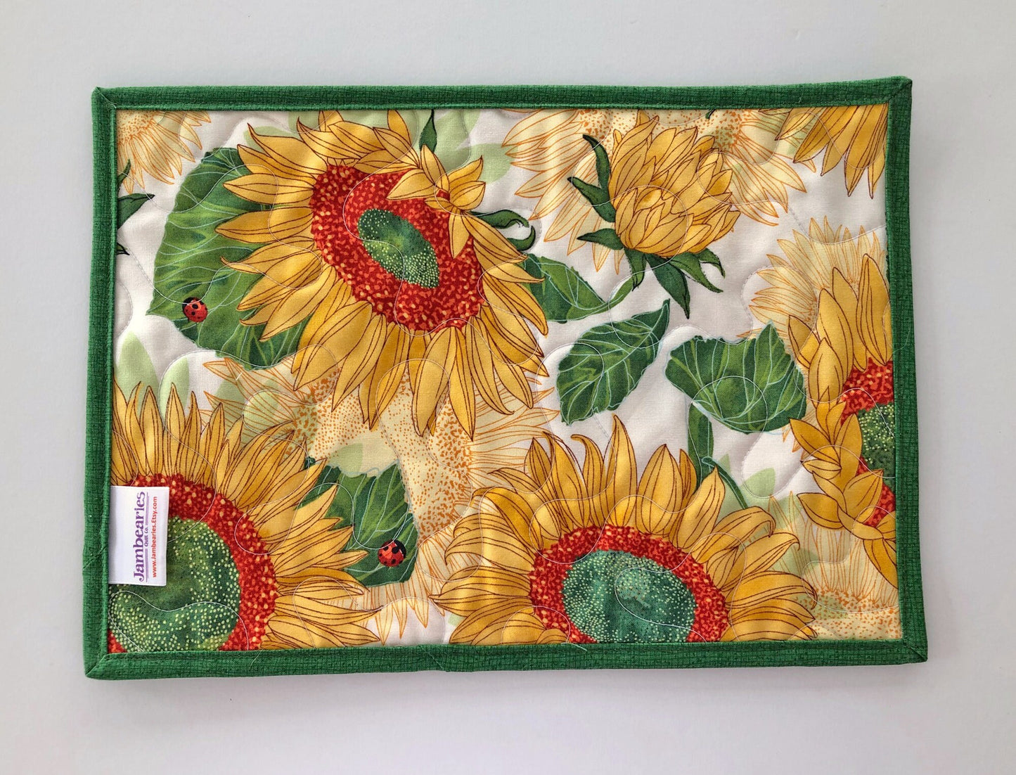 Yellow Sunflower Quilted Mug Rug, 9.25" x 13.25", Mini Table Quilt, Small Place Mat Placemats, Snack Mat, Floral Mini Quilt