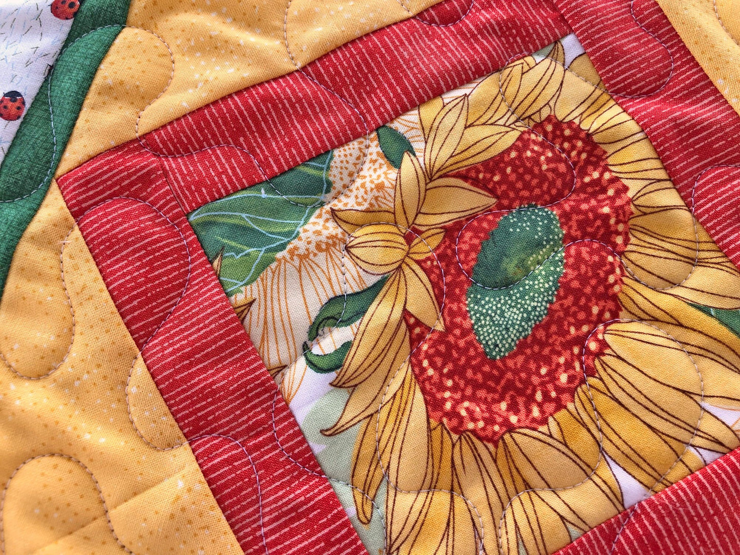 Yellow Sunflower Quilted Mug Rug, 9.25" x 13.25", Mini Table Quilt, Small Place Mat Placemats, Snack Mat, Floral Mini Quilt