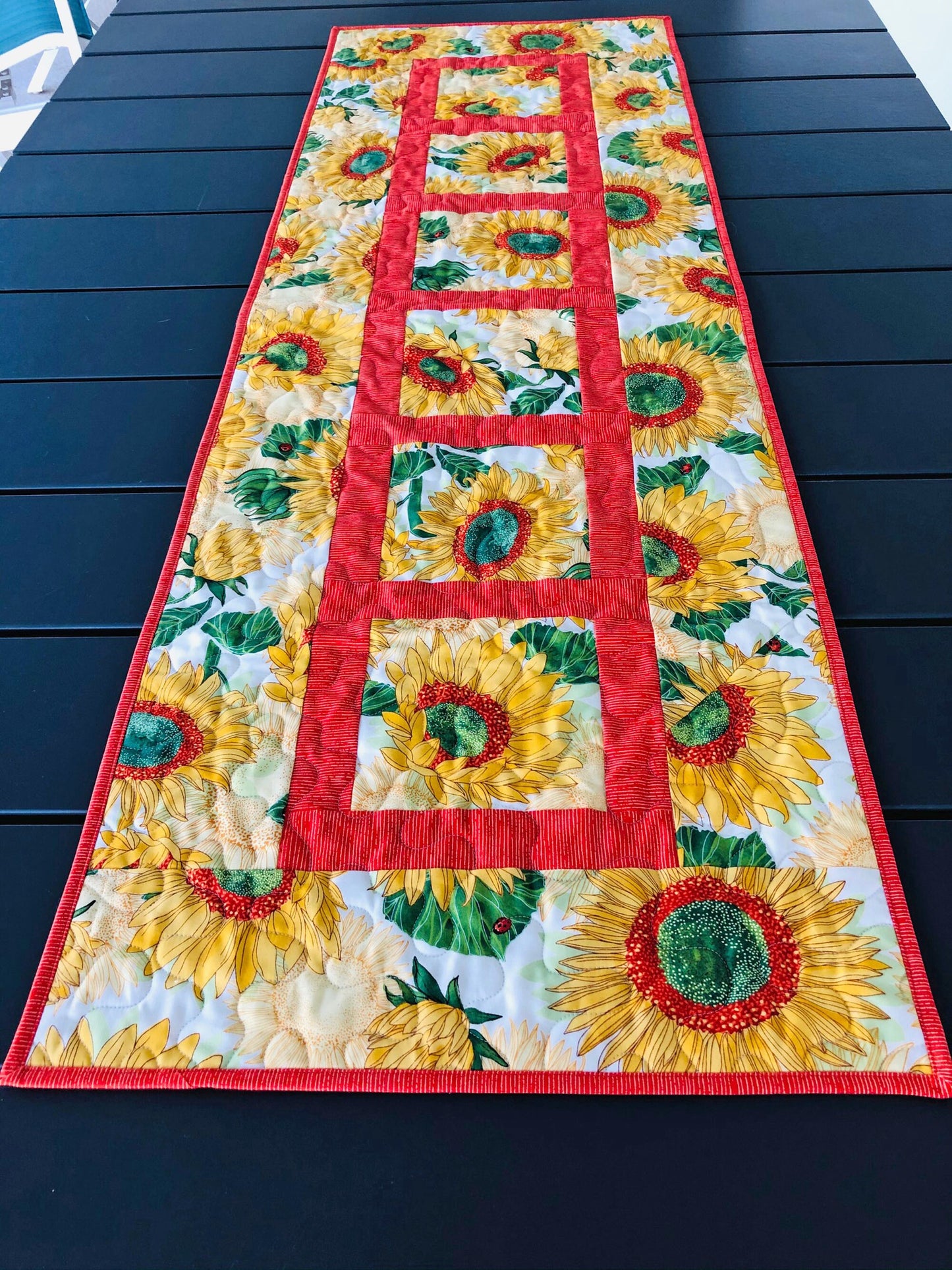 Yellow Sunflowers Quilted Table Runner, 18" x 54.75", Solana Quilted Table Topper Quilt, Yellow Orange Green Floral Table Runner