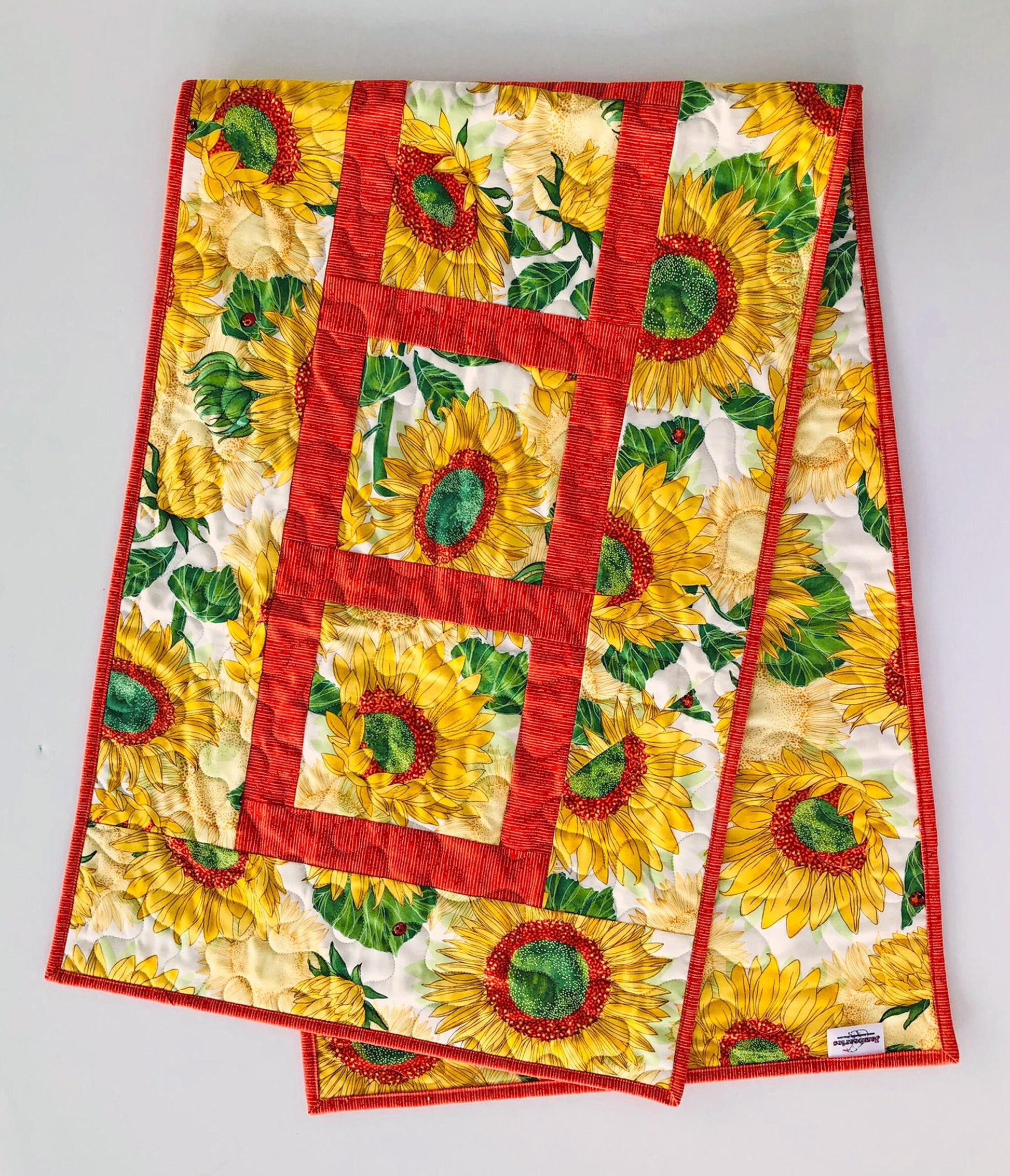 Yellow Sunflowers Quilted Table Runner, 18" x 54.75", Solana Quilted Table Topper Quilt, Yellow Orange Green Floral Table Runner