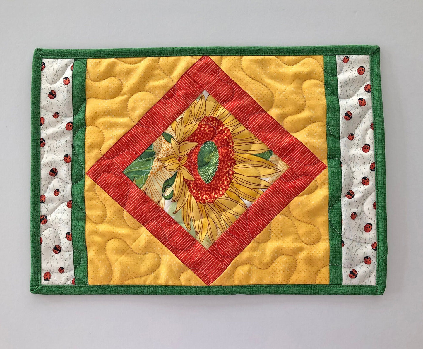 Yellow Sunflower Quilted Mug Rug, 9.25" x 13.25", Mini Table Quilt, Small Place Mat Placemats, Snack Mat, Floral Mini Quilt